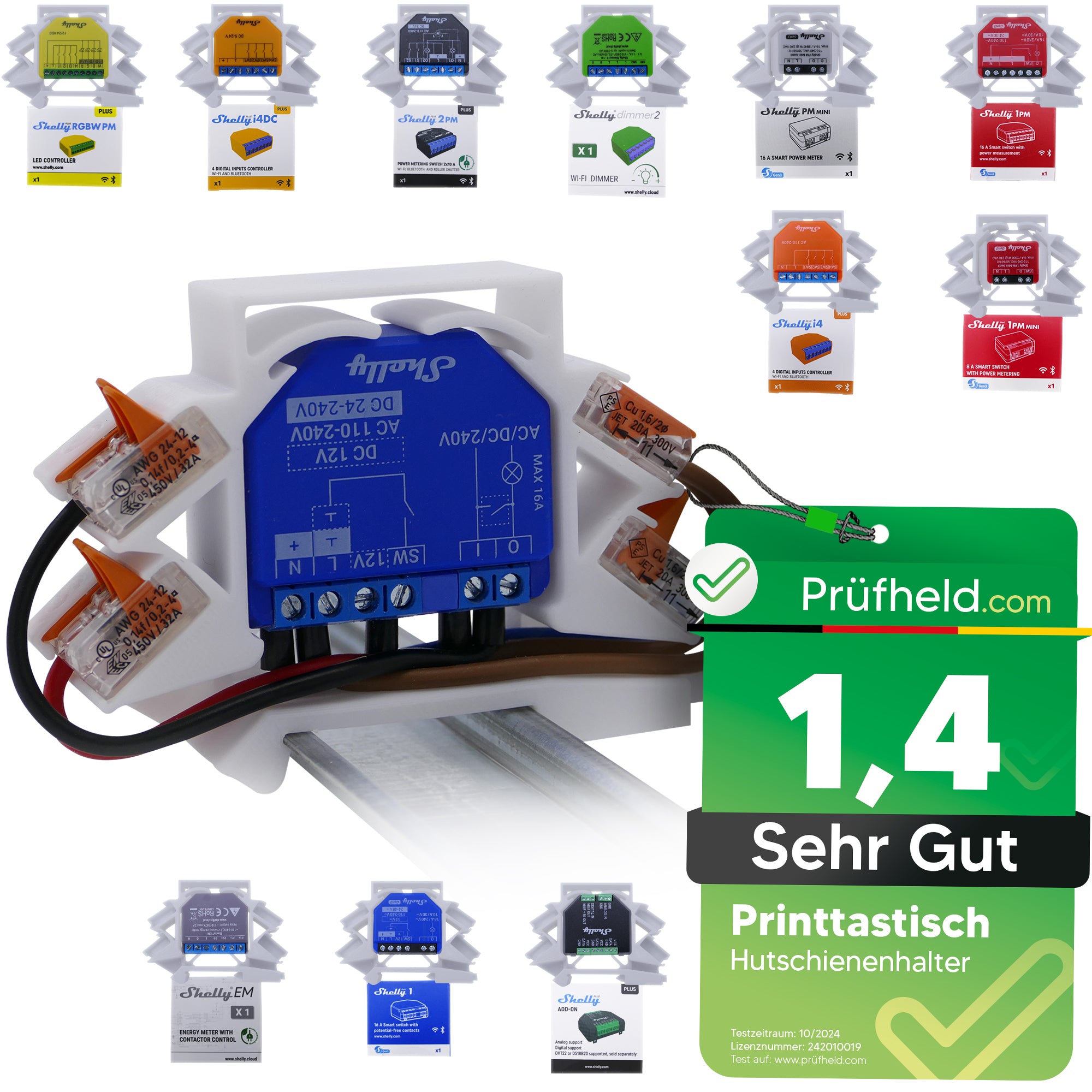 Shelly Hutschienenhalter weiß PETG auf DIN-Schiene mit montiertem Shelly Modul